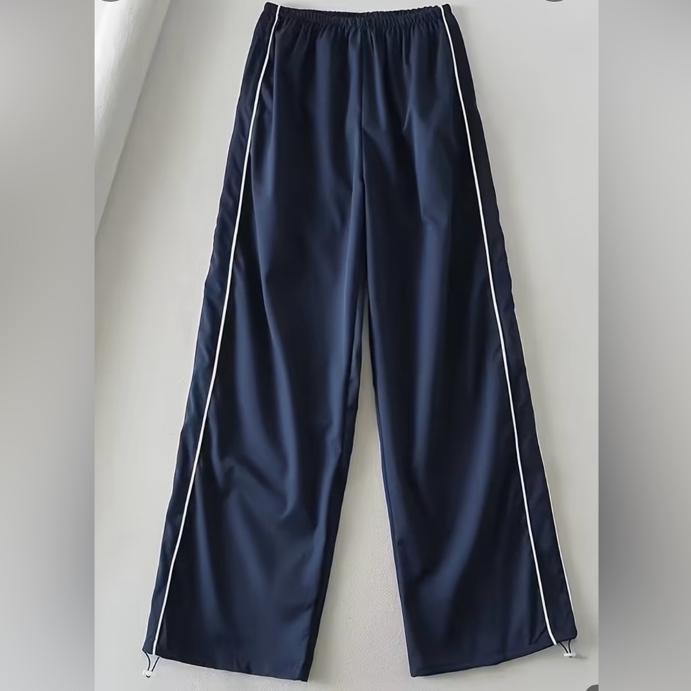 Navy Blue Wide-Leg Track Pants with White Stripes
